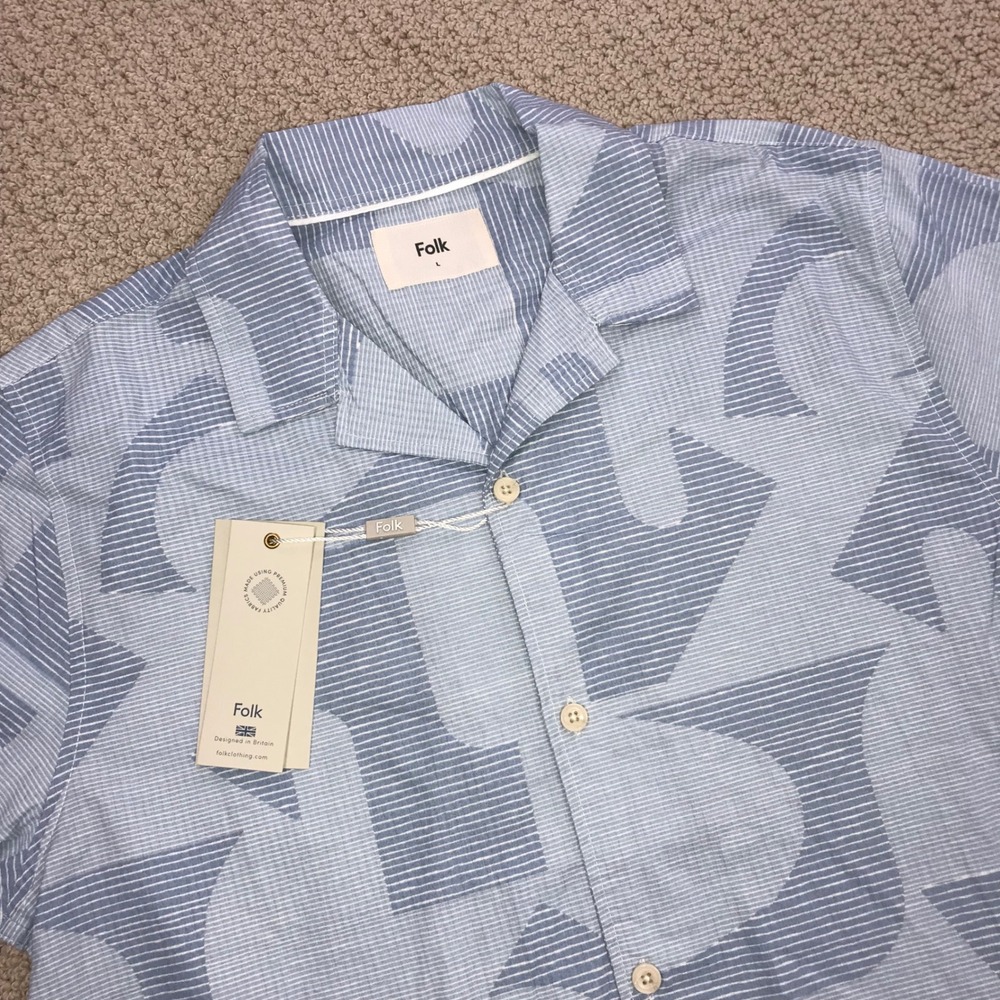 Folk Mens Blue White Geometric Abstract Camp Collar Short Sleeve Shirt Large NWT